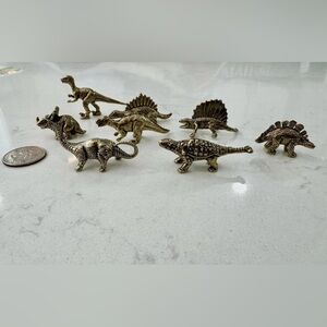 8 Miniature Solid Brass Dinosaurs Figurines – Vintage Metal Dino Set – Home Deco